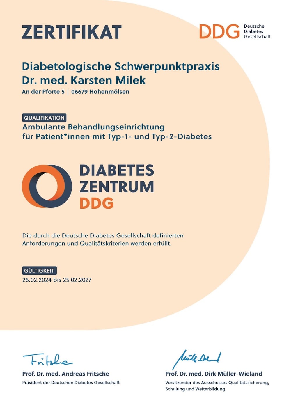 Zertifikat Diabetologische Schwerpunktpraxis Zertifikat Diabetologische Schwerpunktpraxis vom Diabetes Zentrum der Deutschen Diabetes Gesellschaft